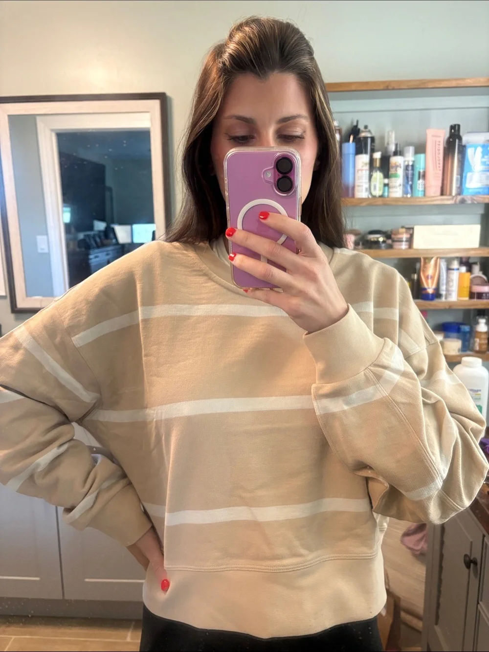lululemon athletica Beige and White Striped Crew Sweatshirt